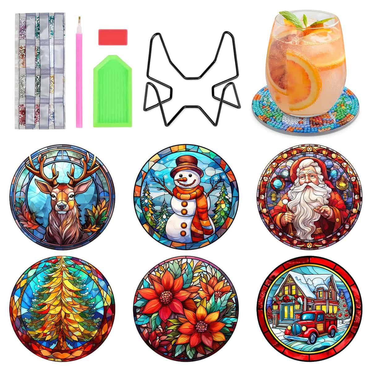 MXJSUA Juego de 6 Posavasos con Pintura de Diamantes de Papá Noel Navideño para Bebidas con Soporte, Juego de Posavasos con Diamantes para Regalo Navideño, Decoración del Hogar, Cocina y Bar