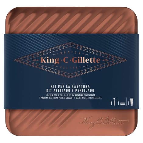 Set de regalo para hombre King C. Gillette: Máquina de afeitar para la barba del cuello + 1 cuchilla extra + gel de afeitar transparente de 150 ml + caja metálica. Regalo perfecto.