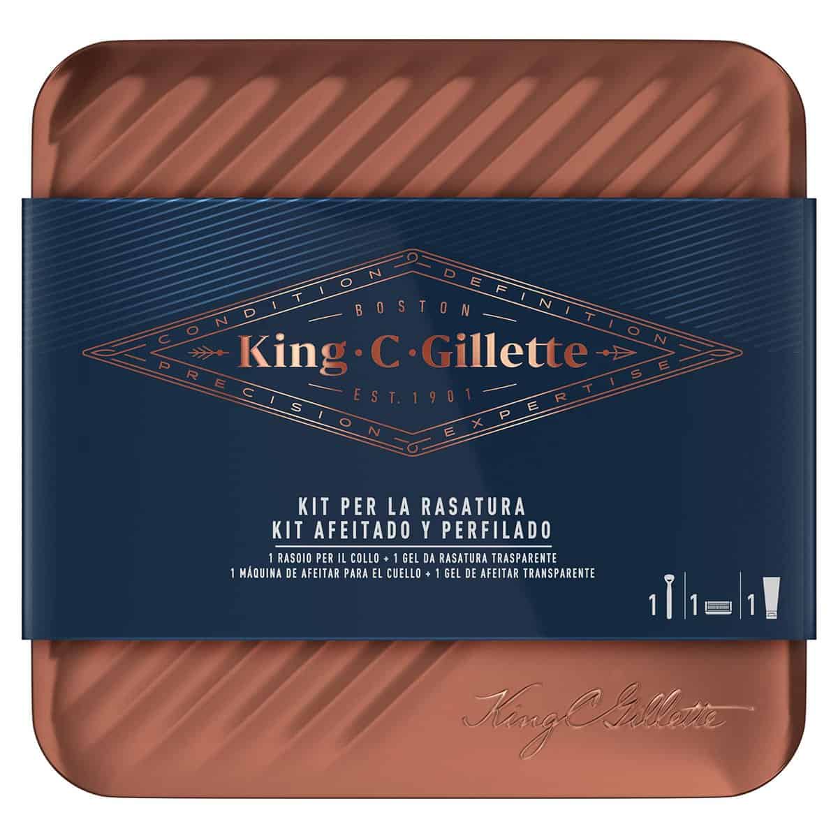 King C. Gillette Set De Regalo Para Hombre: Maquinilla De Afeitar Para Barba Del Cuello + 1 Cuchilla de Recambio + Gel De Afeitar Transparente De 150 ml + Caja De Metal, Regalo