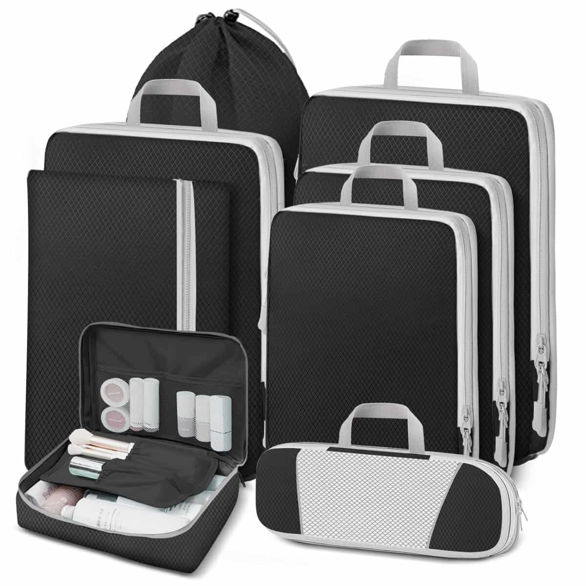 Lannvan Organizador Maleta,Set 8 en 1 de Compression Packing Cubes,Bolsas Organizadoras Viaje,Organizador Equipaje,Organizador Mochila Viaje,Organizador de Maletas para de Viaje,Ropa,Cosméticos,Negro