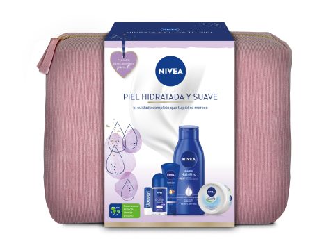 Conjunto NIVEA Cuidado Corporal Completo con Body Milk, crema de manos, desodorante, crema facial y bálsamo labial.