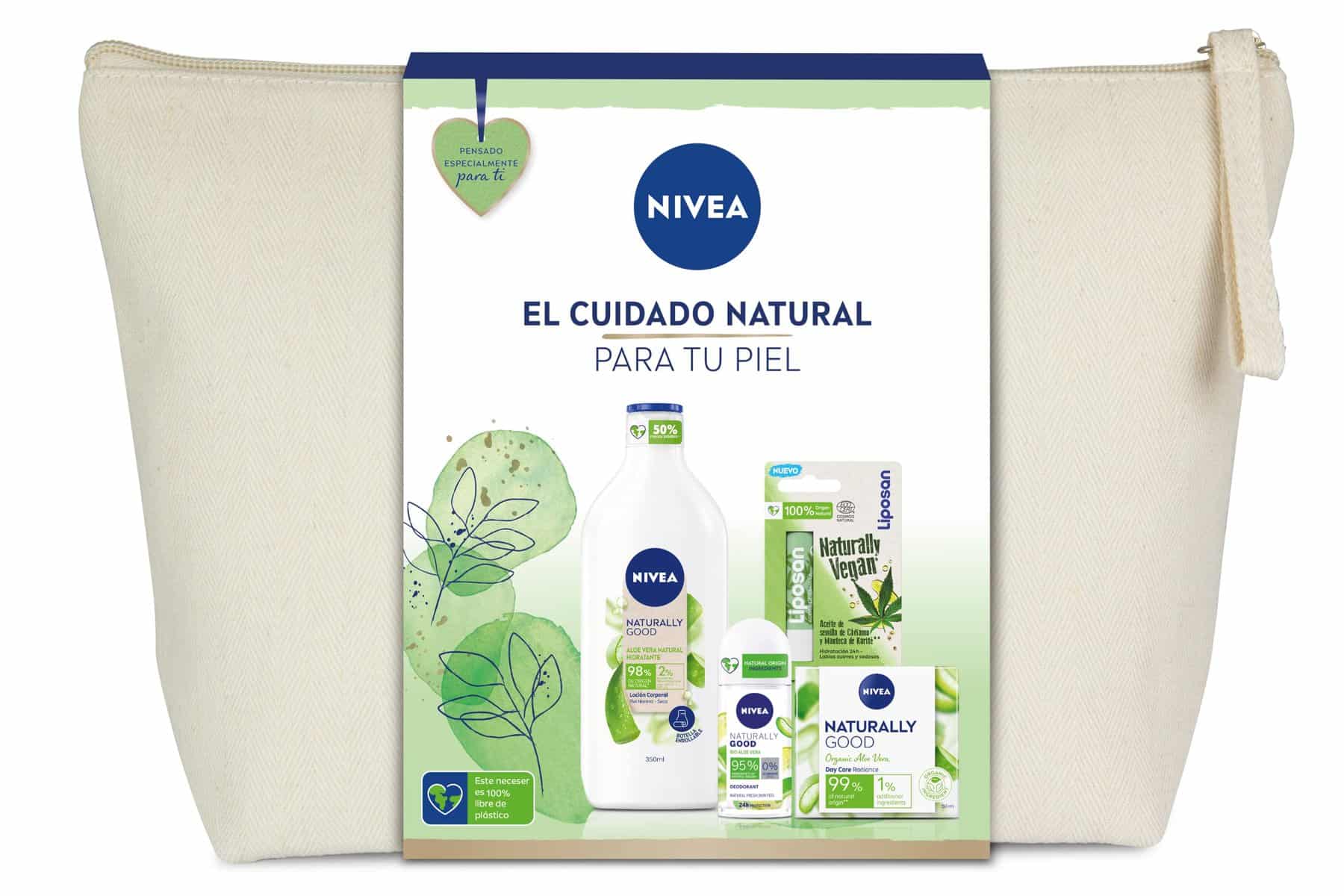 NIVEA Neceser Naturally Good Cuidado Natural con Aloe Vera, set de regalo, loción hidratante (350 ml), crema de día (50 ml), desodorante (50 ml) y bálsamo labial (4,8 g)