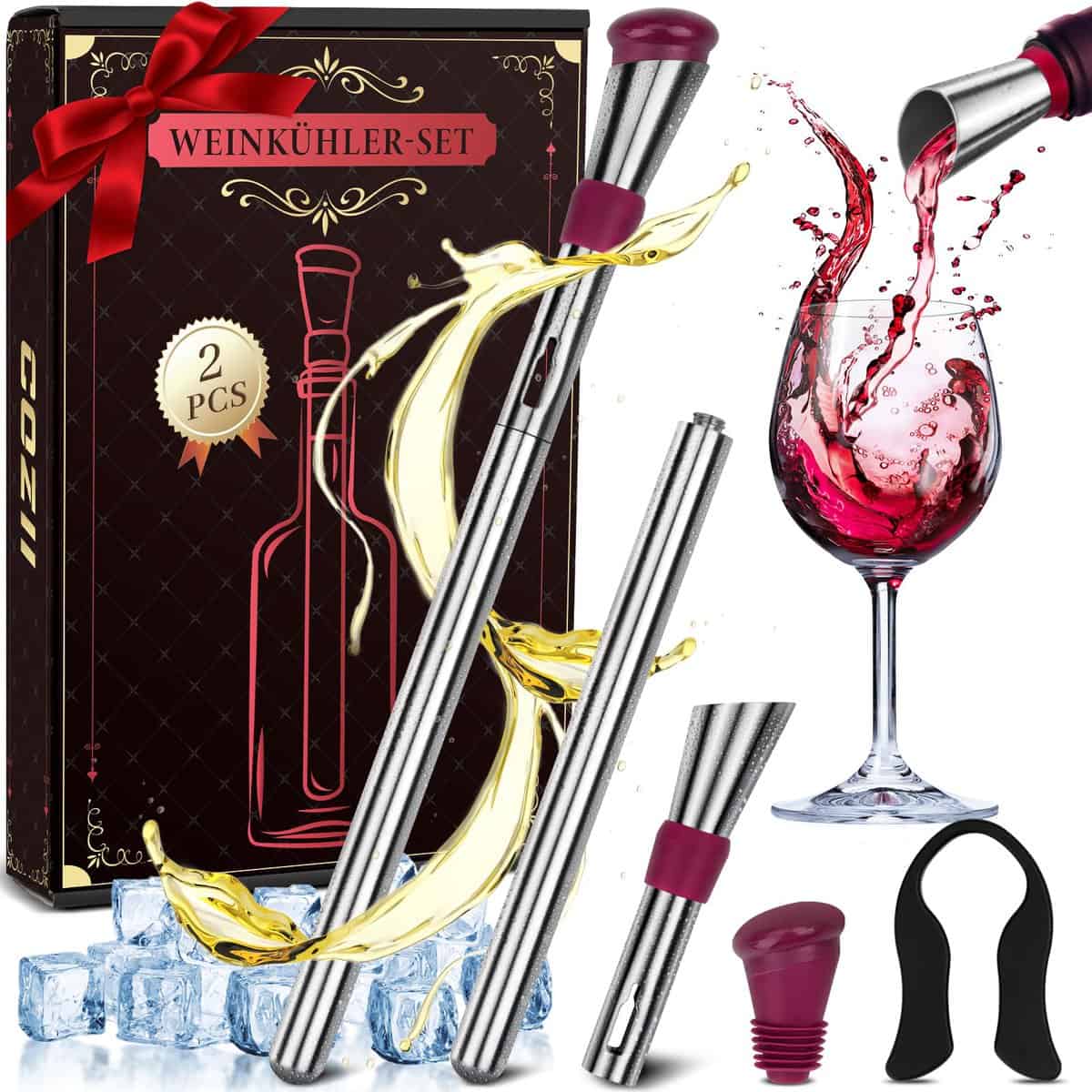 Regalos Originales Navidad Mujer Hombre - 7 en 1 Enfriador de Botellas de Vino, 2 Pack Enfriadora de Vino con Cortadora de Láminas, Regalo Amigo Invisible, Regalos Amantes del Vino