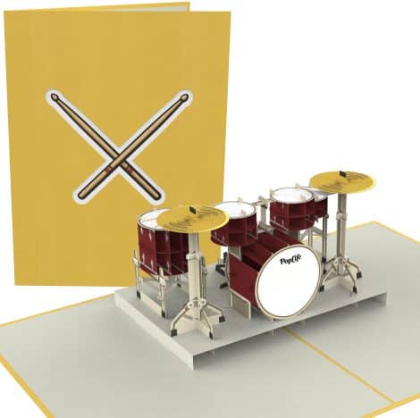 Tarjeta de cumpleaños musical 3D PopLife – ideal para bateristas, músicos y amantes de la música.