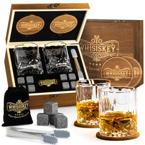 Whisiskey – Kit para Whisky – Ideal para hombres – Cubitos de hielo reutilizables – Incluye 2 vasos y 8 piedras de whisky.