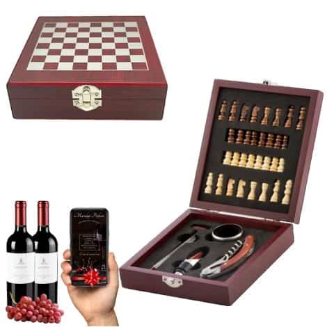 Set de regalos originales para hombres con accesorios de vino, ajedrez y medidor de temperatura. Incluye 37 piezas y mide 15x5x17cm.