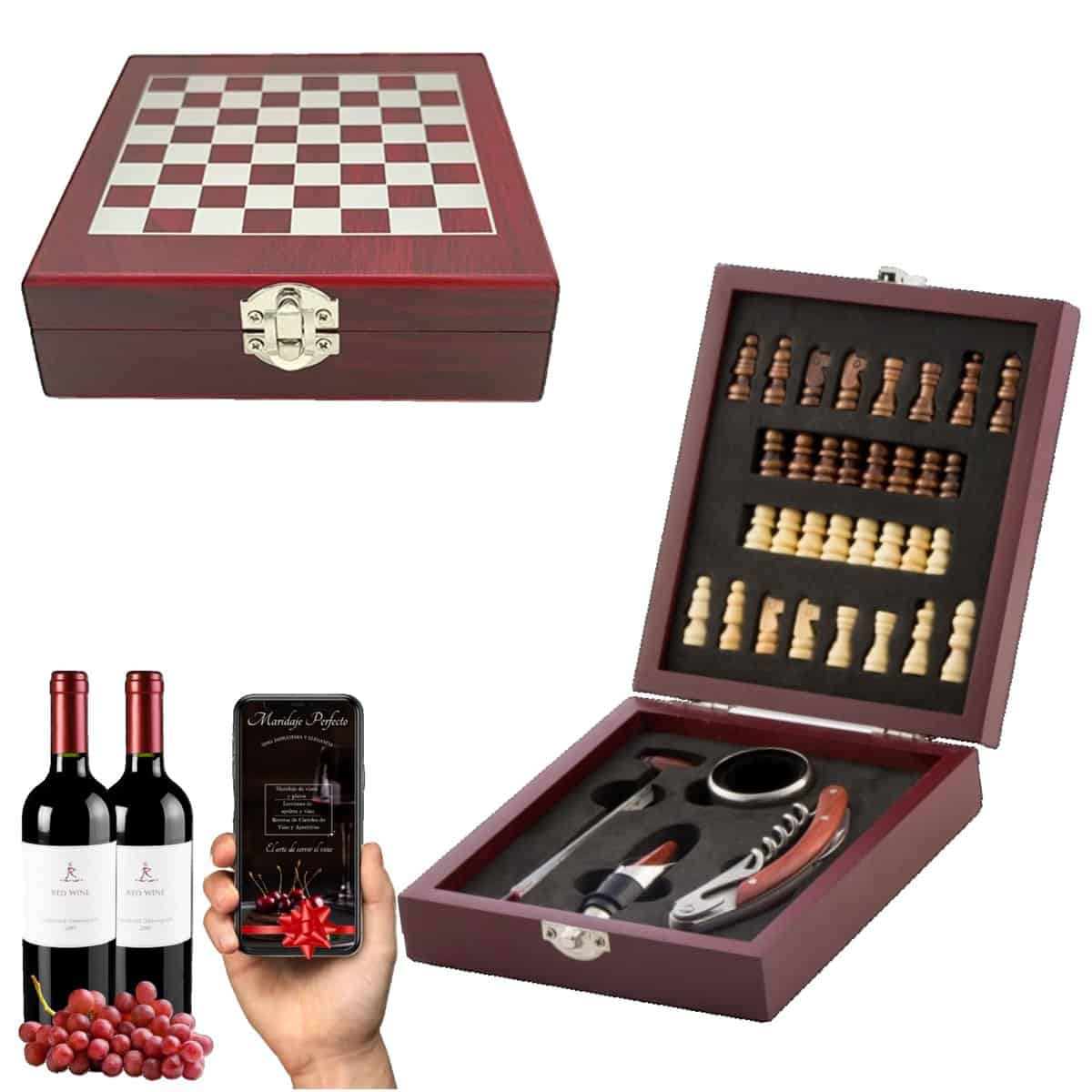 Regalos Originales para Hombre- Regalo Hombre - Juego de accesorios para vino y ajedrez - Medidor de temperatura - Sacacorchos y Abrebotellas 37 pz - 15x5x17cm