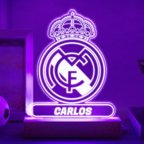 Lámpara Personalizada de Regalo Transparente con Diseño Escudo Real Madrid en Metacrilato y Madera