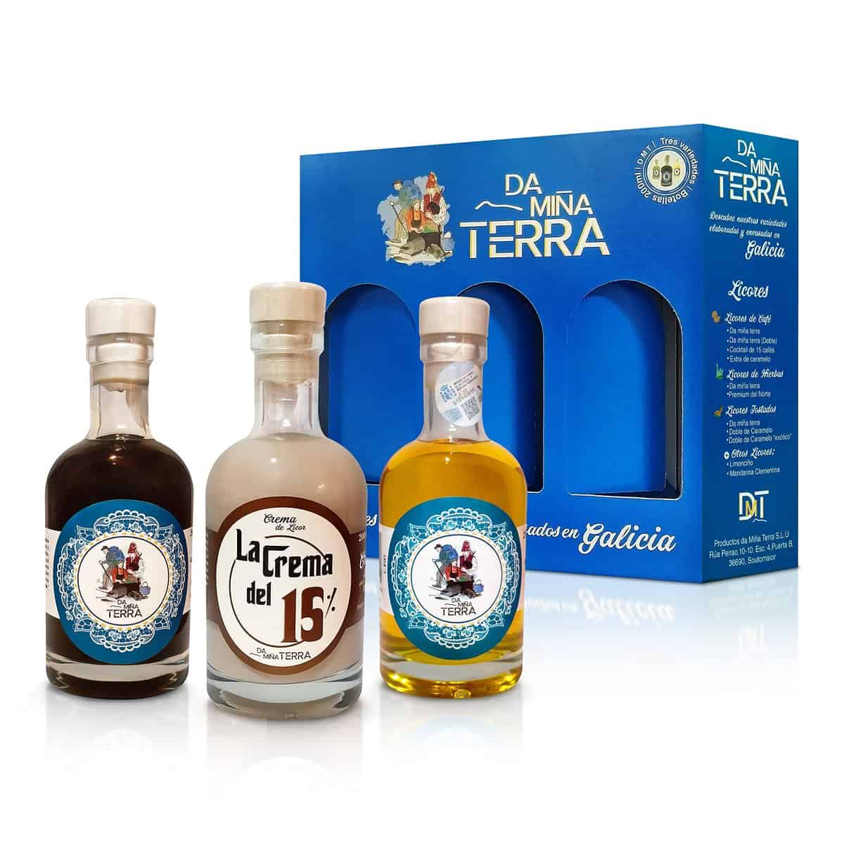 Da miña terra - Pack/Caja con 3 licores tradicionales (200 ml) .Licor de hierbas ´+ licor de cafe + crema de orujo .Orujos y licores de Galicia