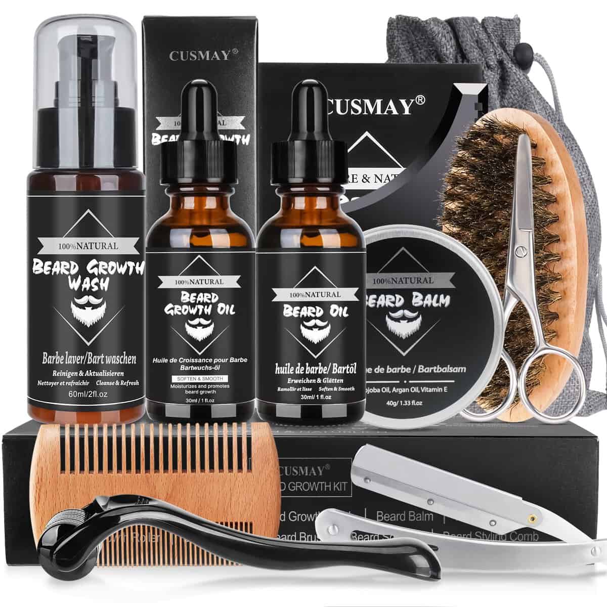 Kit Barba Cuidado para Hombres, Kit Cuidado Barba Hombre Completo con Champú Barba, Aceite Barba, Bálsamo, Afeitadora, Rodillo, Cepillo, Peine, Tijeras, Bolsa de Viaje, Regalos para Papá, Novio