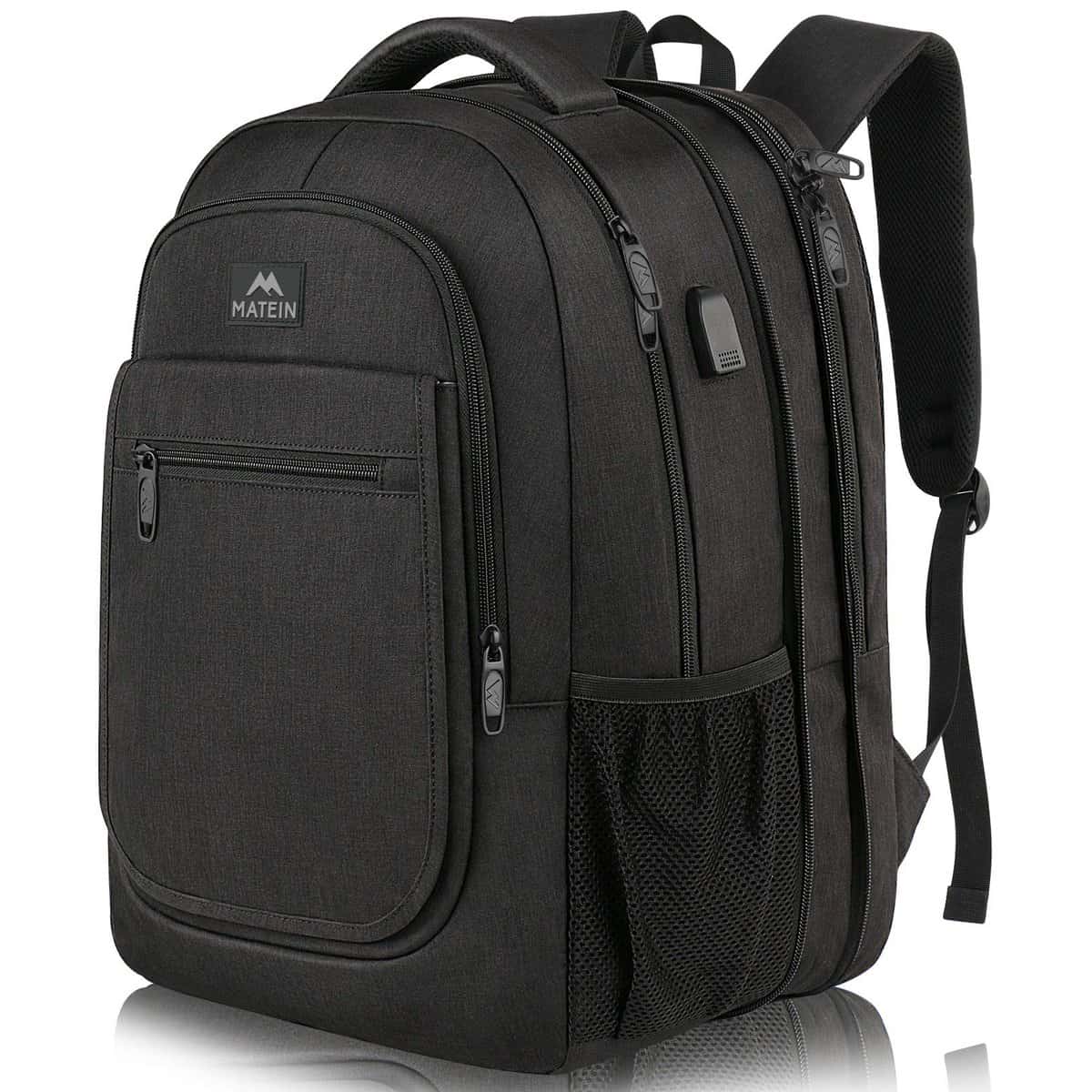 MATEIN Mochila Portatil Grande Extensible, Mochila Ordenador 15.6 Pulgadas con Puerto USB, Antirrobo Impermeable del Negocio Trabajo Diario Viaje para Hombres y Mujere, Negro