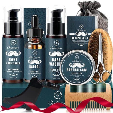 Conjunto de cuidado completo de barba Oukzon para hombres, incluye champú, acondicionador, aceite, bálsamo, peine, cepillo, tijera. Regalo ideal para papá, novio, caballero.