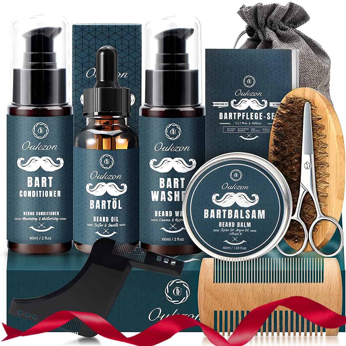 Oukzon Kit Barba para Hombre, Kit Cuidado Barba Hombre Completo con Champú Barba, Acondicionador, Aceite Barba, Bálsamo, Peine, Cepillo, Tijera de Barba, Regalo Hombre para Papa, Novio, Caballero