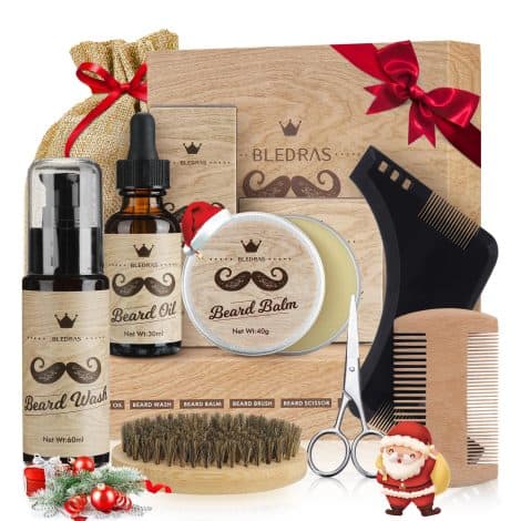 Kit completo de cuidado de barba para hombre Bledras 9 en 1, con aceite, bálsamo, champú, cepillo, peine, tijeras, regalo de San Navidad.