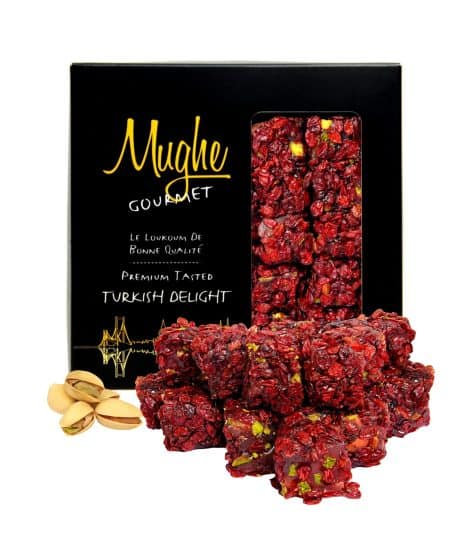 Mughe Gourmet: Exquisitas Delicias Turcas de Lujo con Pistachos y Sabor a Granada, 360g, 20pz – Caja Regalo – Dulce y Agrio de Uva con Pistachos, Perfecto para Cumpleaños.