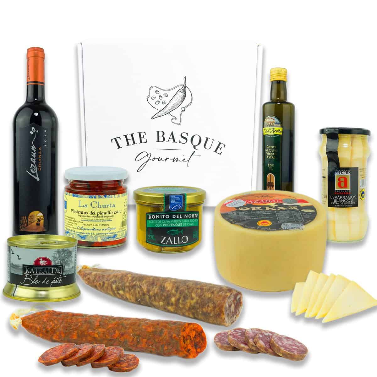 THE BASQUE gourmet- Lote Gourmet para Regalar -Cesta Navidad de Productos de Euskal Herria - Queso Idiazabal, Pate, Chorizo, Espárragos de Navarra, Pimientos del Piquillo...- LOTE 6