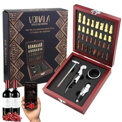 Set de regalos originales para hombre: accesorios de vino y ajedrez con guía de maridaje perfecto. Ideal para cumpleaños o aniversarios. Incluye abridor y sacacorchos. 37 piezas.