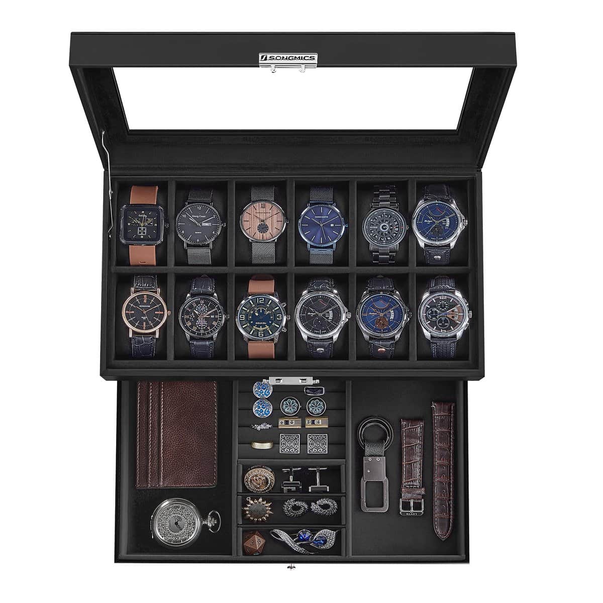 SONGMICS Caja de Reloj, Estuche de Reloj con Tapa de Cristal de 2 Niveles para 12 Relojes, Cerradura, 1 Cajón, para Anillos Pulseras, Regalo Ideal, Cuero Sintético Negro y Forro Negro JWB012B03