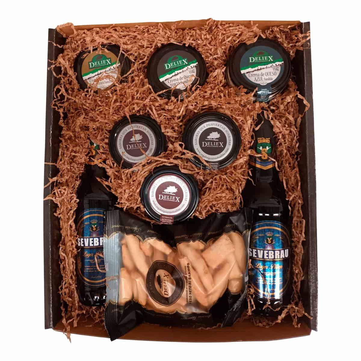 deliex Cesta de productos gourmet con cervezas artesanas, cremas de patés ibéritos, cremas de queso y picos de pan, Lote ideal para regalar en cumpleaños o por agradecimiento.