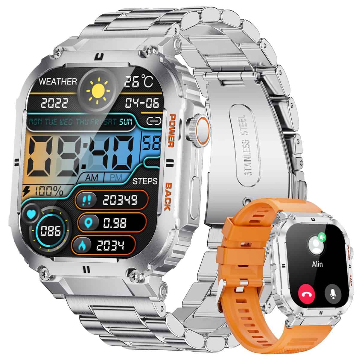 LIGE Relojes Inteligentes Militares para Hombres, Función de Llamadas Bluetooth, Monitor de Salud, 1.96'' Smartwatch Impermeable 5ATM, Compatible con iOS Android, Plata Acero Inoxidable