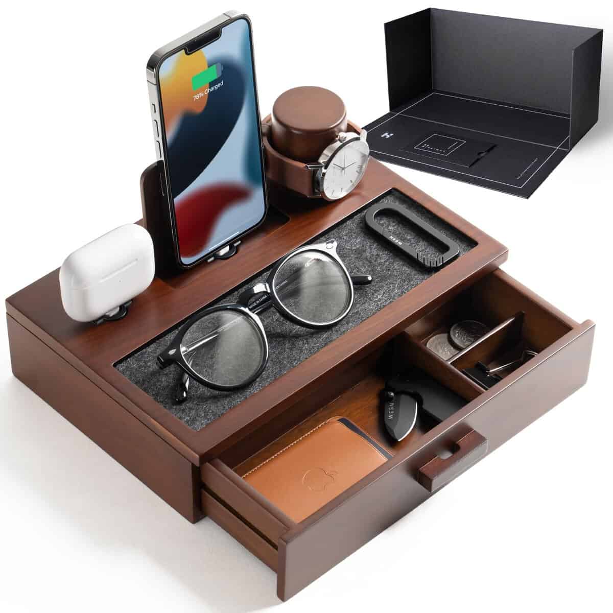 Holme & Hadfield Organizador de mesita de Noche para Hombre, estación de Acoplamiento de Madera única para Cargar tu teléfono y Auriculares, estación de Carga de Madera con Bandeja Forrada y cajón,