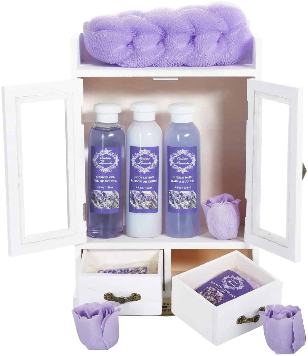 BRUBAKER Cosmetics - Set de Regalo de Baño y Cuidado - Lavanda - en Armario de Madera Vintage Blanco