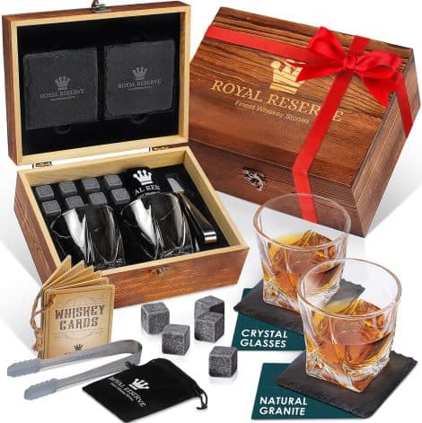 Kit de Regalo de Whisky para Hombre: Vasos de Cristal, Piedras de Whisky, Posavasos, Pinzas de Hielo, Caja de Madera, Bolsa de Terciopelo – para Padre, Marido, Amigo, de Royal Reserve.