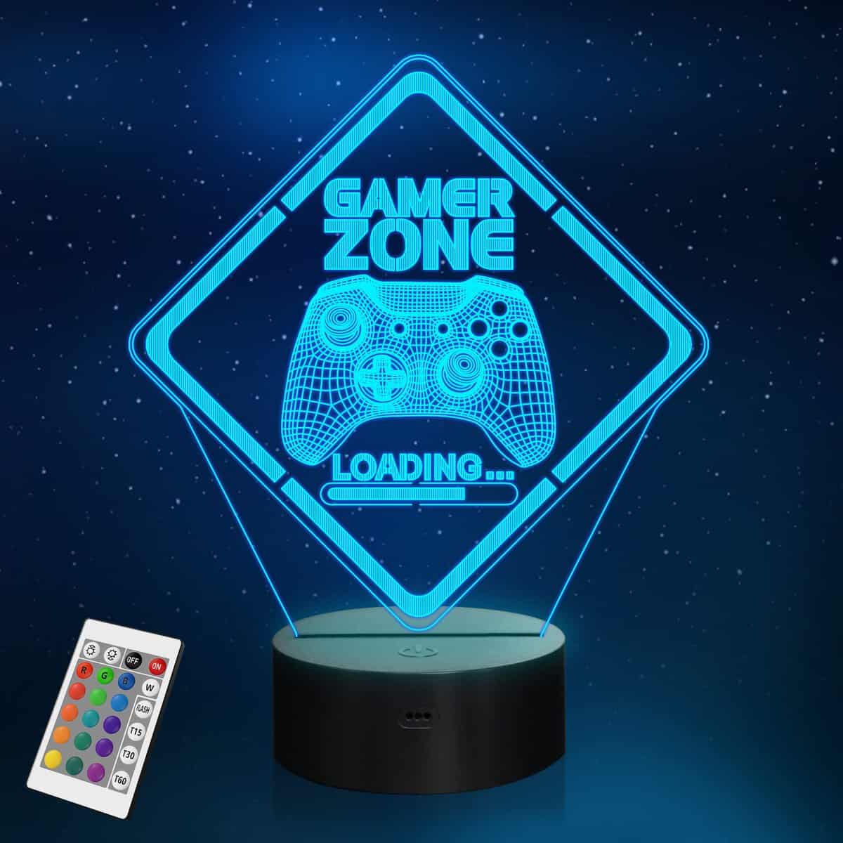 Gamer Zone Luz nocturna, Gamepad Gamepad Gráfico Videojuegos Gamer Regalo Divertido Lámpara de ilusión 3D 16 colores que cambian al tacto y control remoto para hombres, adolescentes y niños