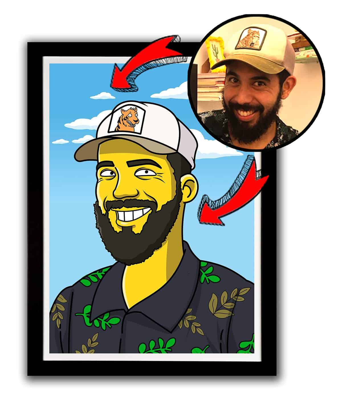 YM Dibujo Personalizado de Hombros y Cara Estilo Simpsons. Regalo Original y Divertido. Envía Tus Fotos! Retrato Hecho Mano por Diseñadores Pro! Recíbelo Impreso en Papel o Solo en Digital.