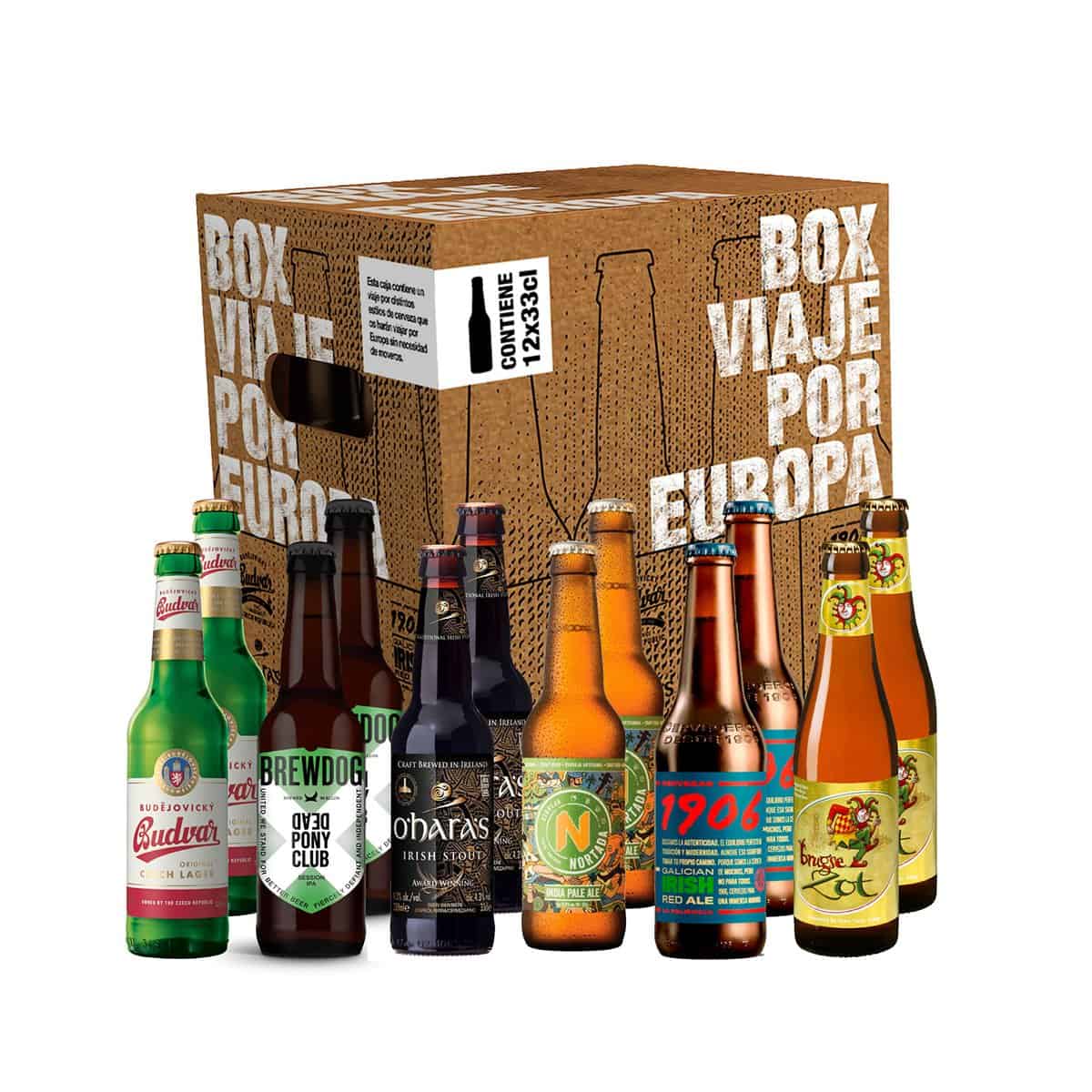 Box Viaje por Europa - Pack de Degustación de Cervezas Europeas,12 x 33 cl,Incluye: Irish Stout,Belgian Blond Ale,IPA,Session IPA,Czeck Lager y 1906 Galician Irish Red