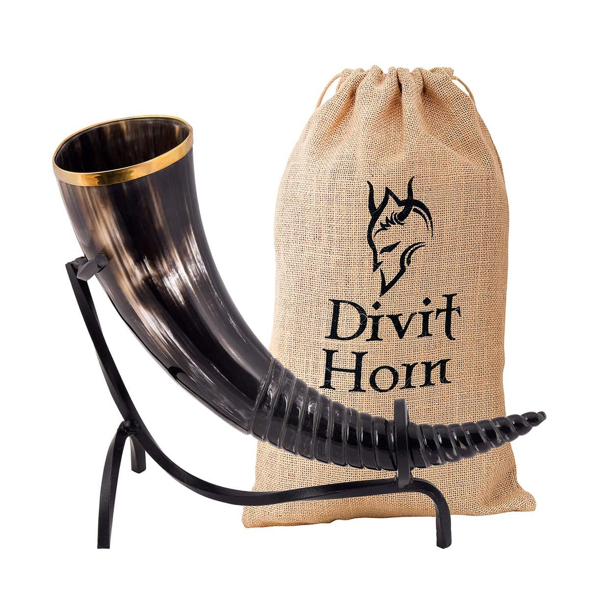 Divit - Cuerno para Beber con Soporte de Hierro, auténtico Cuerno Medieval para Beber Cerveza | Adornos de latón y Saco de Regalo de arpillera Incluido | Capacidad de 16 oz (400-500 ml)