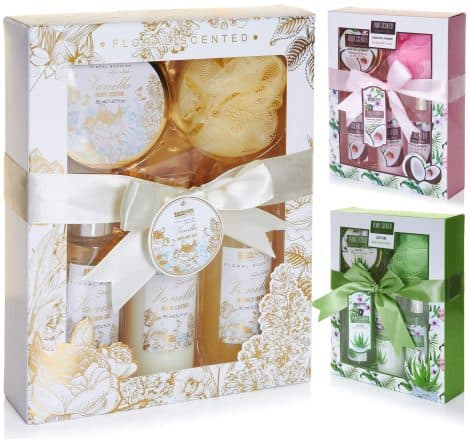 Juego de Baño y Ducha “Vainilla Rosas Menta” – Kit de Regalo Mujer – Fragancia de Bienestar – 5 piezas Regalo – Oro Blanco.