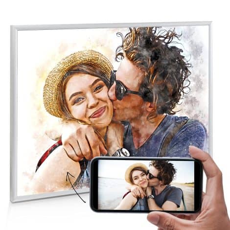 Obra de arte digital personalizada con tu foto o selfie, disponible en archivo, póster o marco de aluminio. Ideal como regalo para bodas, parejas, bebés, niños o abuelos.