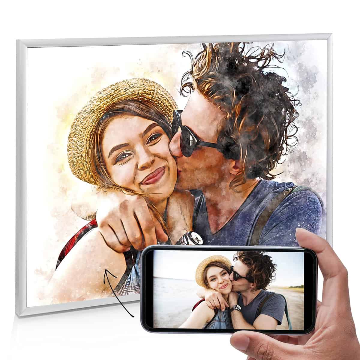 Tu foto o selfie retrato en el estilo de una pintura en color (obra de arte digital), como archivo, póster o con marco de aluminio, boda, pareja de amor, bebé, regalo de fotos, niños, abuelos