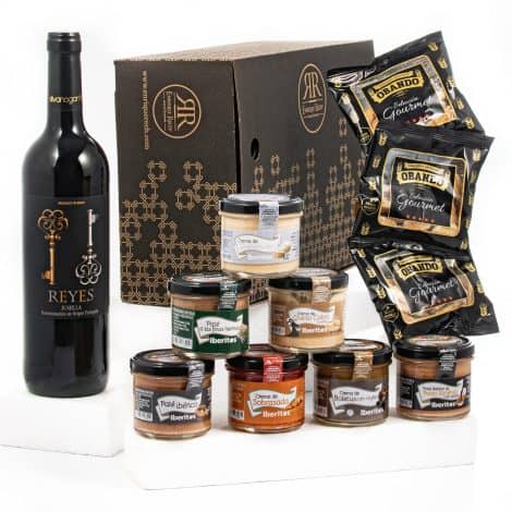 ENRIQUE RECH – Canasta Gourmet para Regalar  Vino Tinto Jumilla  Lote 7 Latas Patés Iberitos  3 Paquetes Picos Artesanos Obando – Canasta Regalo  Lote Gourmet.