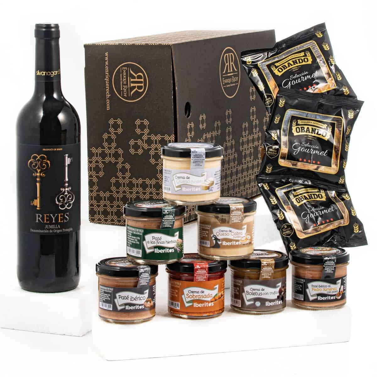 ENRIQUE RECH - Cesta Gourmet para Regalar  Vino Tinto Jumilla  Lote con 7 Latas Patés Iberitos  3 Paquetes Picos Artesanos Obando - Cesta Regalo  Lote Gourmet