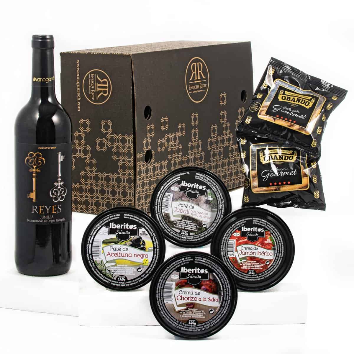 ENRIQUE RECH - Cesta para Regalar - Vino Tinto Reyes - Paté Aceituna Negra  Paté de Jabalí al Pedro Ximénez - Pate de Jamón Ibérico  Pate Chorizo a la Sidra - Lote Gourmet