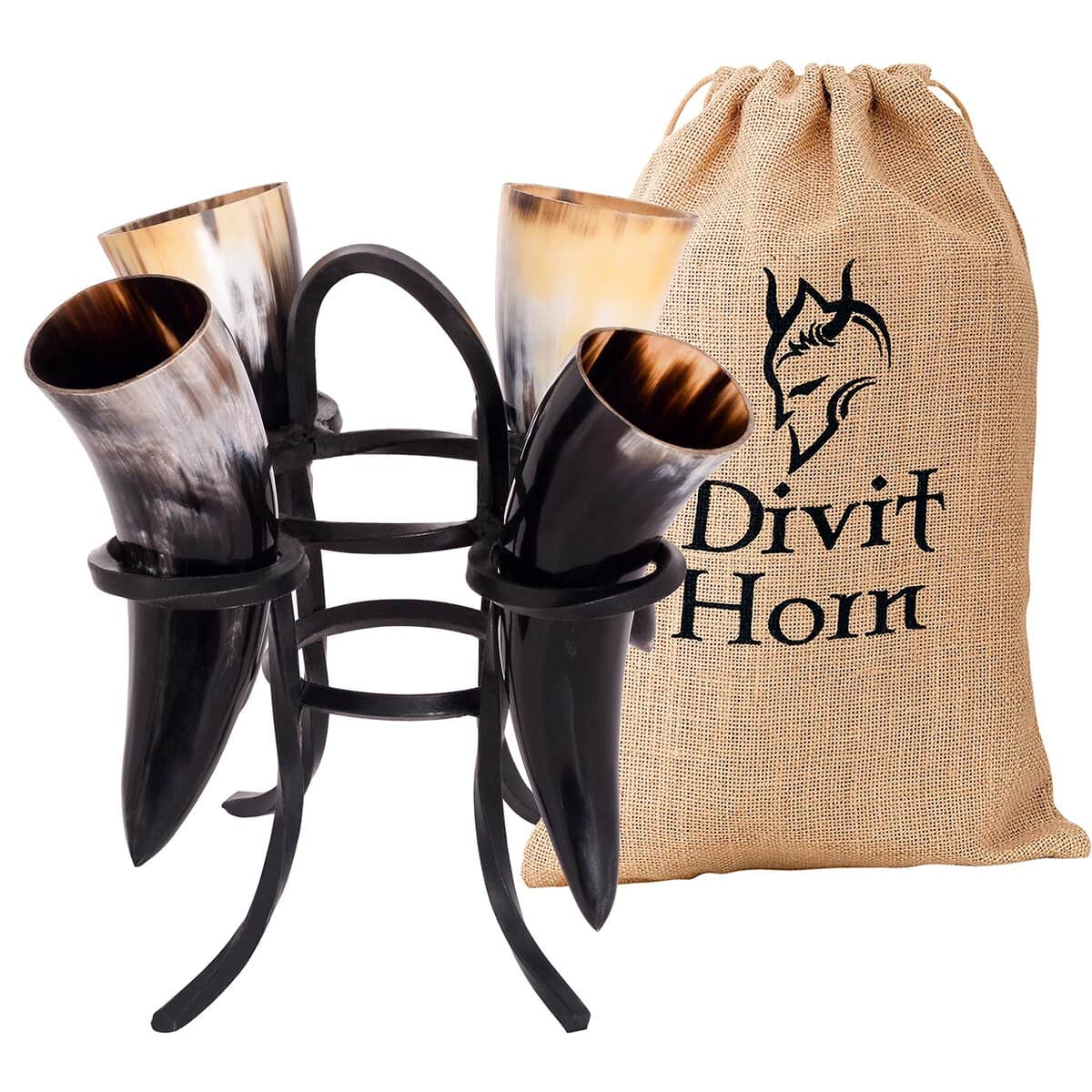 Divit Genuine Viking cuerno para beber con pantalla de madera | Cuerno para beber cerveza medieval auténtica | Decoraciones de latón y bolsa de regalo de lino incluida. (60 ml, (Set of 4) Iron Display