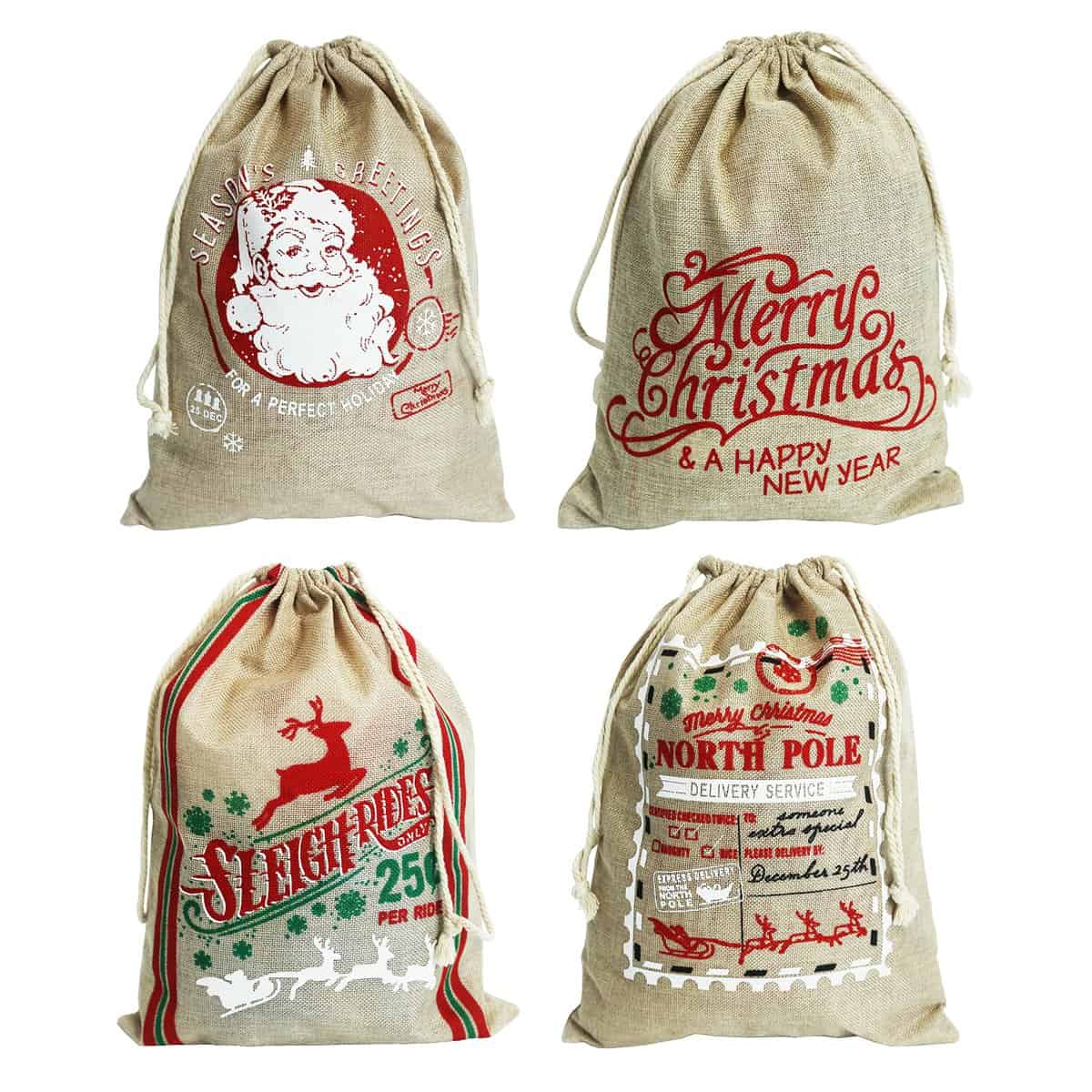 Sacos de Papá Noel de 4 piezas. Saco Navideño Mediano 30x40cm. Bolsas de regalo navideñas con cordón. Paquete de 4.