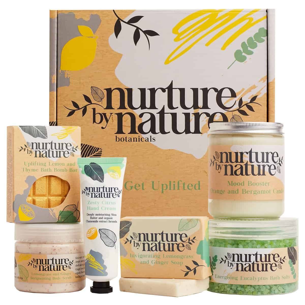 Nurture By Nature ENERGIZANTE & RELAX, Set de Regalo para Mujer, Refuerzo Natural del Estado de Ánimo, Aceite Esencial, Sales de Baño, Jabón, Bombas de Baño, Vela, hombres