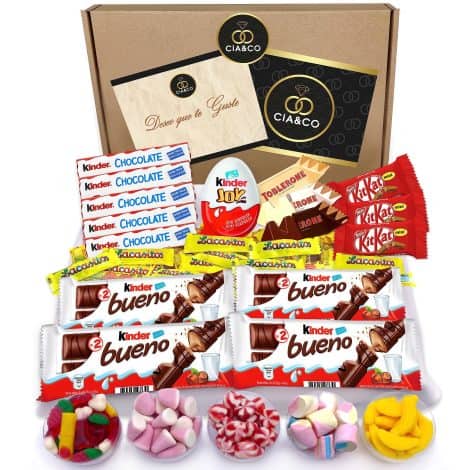 Paquete especial de regalo con más de 25 chocolates Kinder y 450 gramos de golosinas sin gluten. Incluye tarjeta personalizada y variedad de delicias como Kinder Chocolate, Kinder Bueno, Huevo Joy, Toblerone, Kit Kat, y otros dulces.