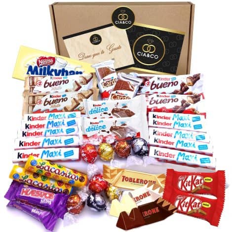 Pack de regalo envuelto con más de 35 bombones y chocolates de marcas como Kinder, Lindt y Milkibar. Incluye tarjeta personalizada y deliciosos Kinder Bueno, Toblerone, Kit Kat y bombones Lindt Lindor.