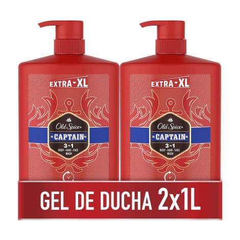 Gel de Ducha y Champú 3 en 1 Old Spice Captain, Pack 2×1000 ml, Frescor Duradero.