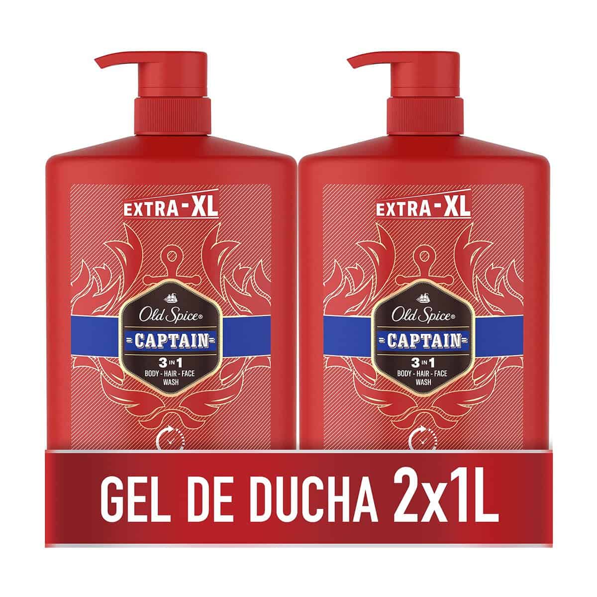 Old Spice Captain Gel De Baño Y Champú Para Hombres, Jabón 3 En 1 Para Cuerpo, Pelo Y Rostro, Frescor Duradero, Pack 2x1000 ml