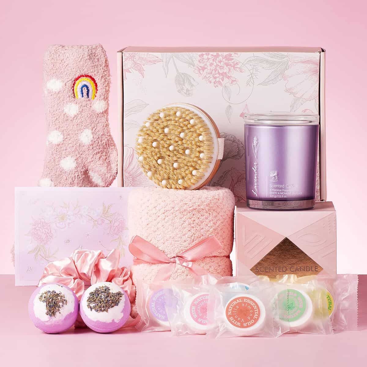 Regalos para Navidad Ideas Mujer Set de Regalo SPA Relax Originales y Vela Aromática,Calcetines,Bomba de Baño para Mama/Madre,Abuela,Amigo,Pareja (Rosa)