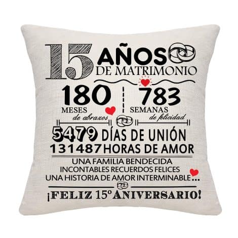 Regalo cojín 15 años Matrimonio Aniversario Boda Decorativo para Parejas Padres Amigos (15º Aniversario)