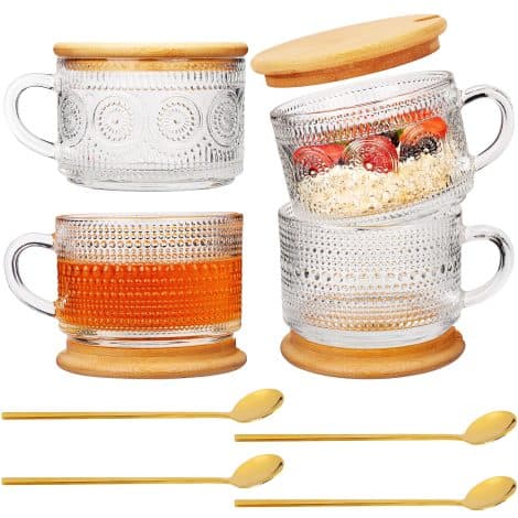 Juego de 4 tazas de cristal con tapa de bambú, cucharas y asas para bebidas como café, té y avena.