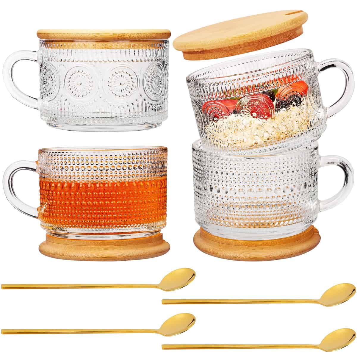 Belle Vous Pack de 4 Tazas con Tapa de Bambú y Cucharas - 450 ml - Tazas de Cristal con Asa para Café, Latte, Capuchino, Tazas de Te, Avena Remojada Durante la Noche y Más - Set de Tazas de Regalos