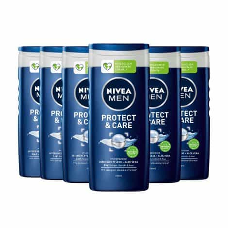 Gel de ducha NIVEA MEN Protect & Care (6 x 250 ml), hidratante con aloe vera, suaviza y nutre la piel masculina.