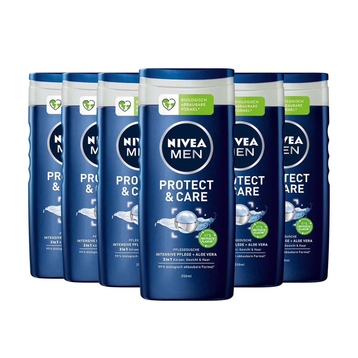 NIVEA MEN Protect & Care Gel de ducha (6 x 250 ml), gel de ducha hidratante con aloe vera, ducha suave para piel nutrida masculina